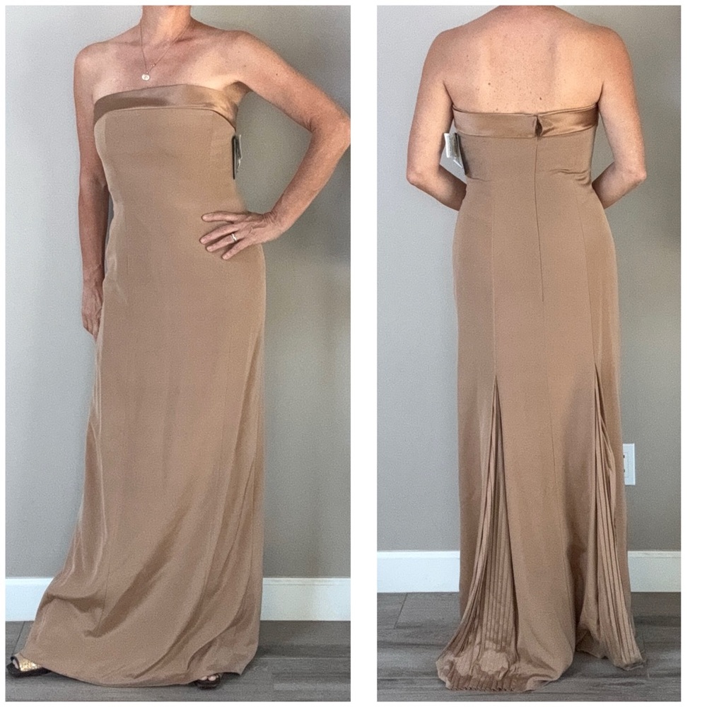 NWT Carolina Hererra Neutral Quiet Luxury Silk Strapless Gown back kick pleats 6